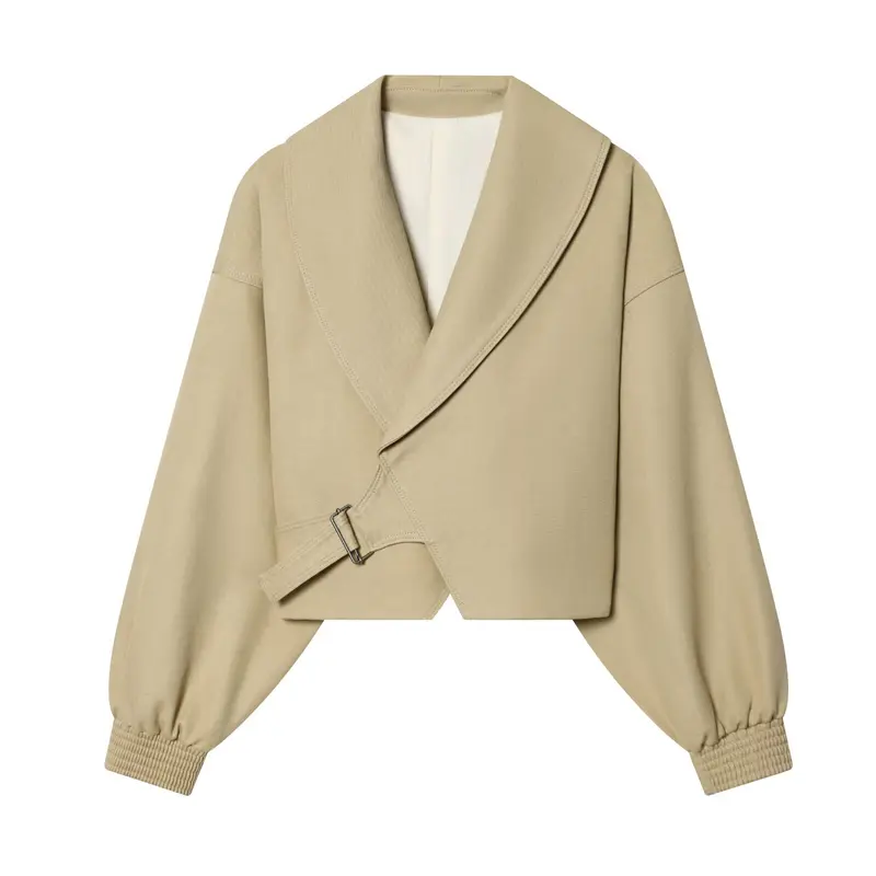 Damen Cropped-Wickeljacke mit großem Schalkragen, Gürtel und Ballonärmeln Drune