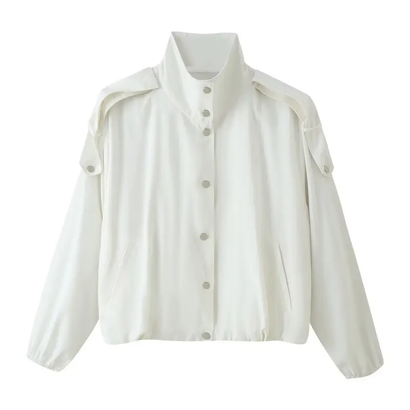 Damen Cropped Windbreaker‑Jacke mit hohem Funnelkragen, Druckknopffront und abnehmbaren Schulterklappen Drune