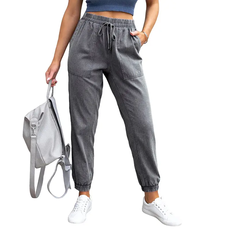 Damen Denim-Joggerhose mit Cargo-Taschen und elastischem Tunnelzugbund Drune