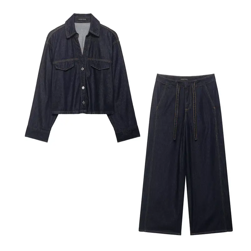 Damen Denim-Zweiteiler mit Cropped-Workerjacke und weiter High‑Waist-Hose Drune