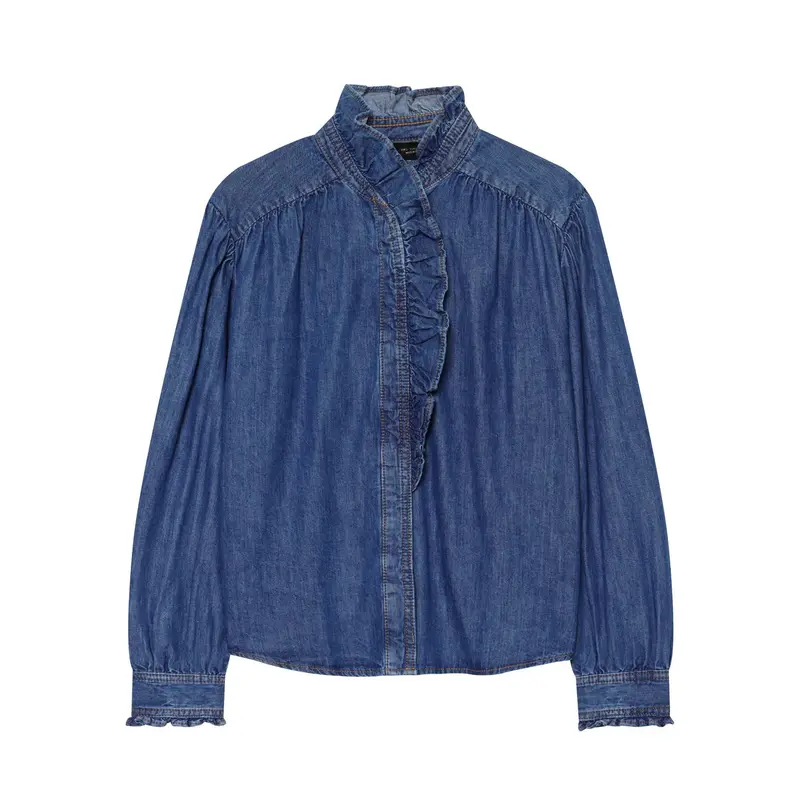Damen Denimbluse mit Rüschenstehkragen, Ballonärmeln und geraffter Schulter Drune