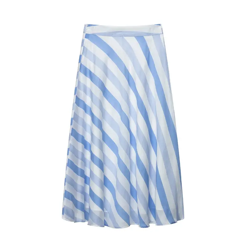 Damen Diagonal gestreifter A-Linien Midirock aus Chiffon mit hohem Bund und seitlichem Reißverschluss Drune