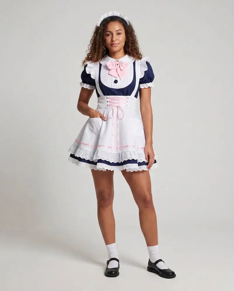 Damen Dienstmädchen-Kleid mit Spitzen- und Rüschenakzenten Drune