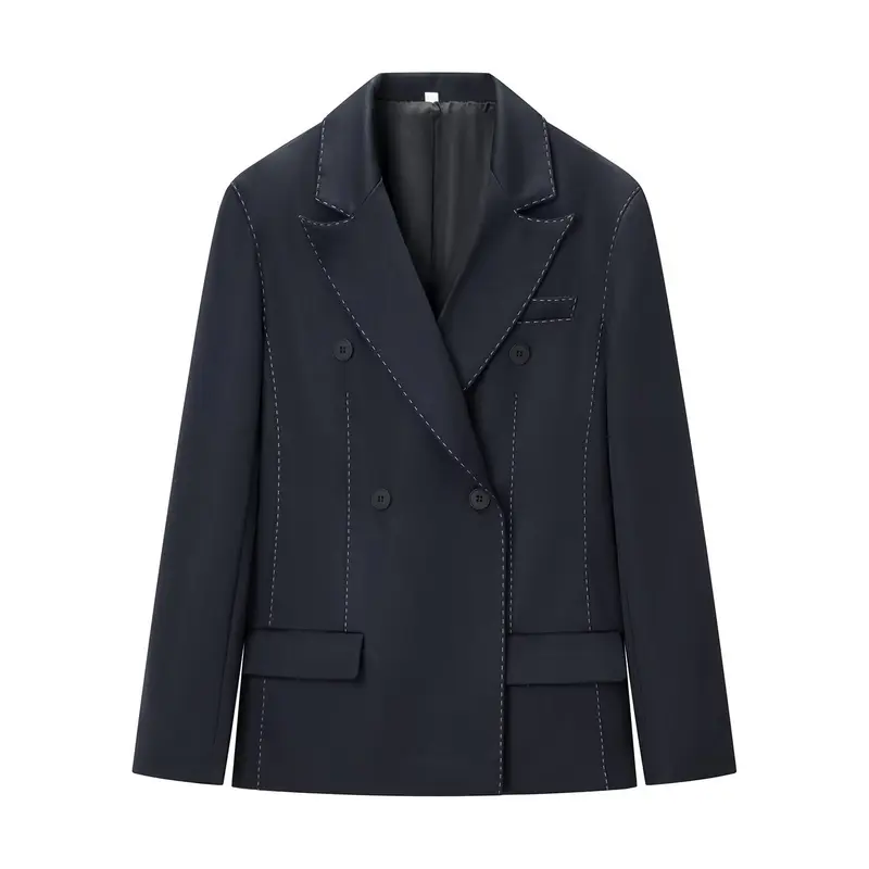 Damen Doppelreihiger Blazer mit dekorativen Ziernähten und Pattentaschen Drune