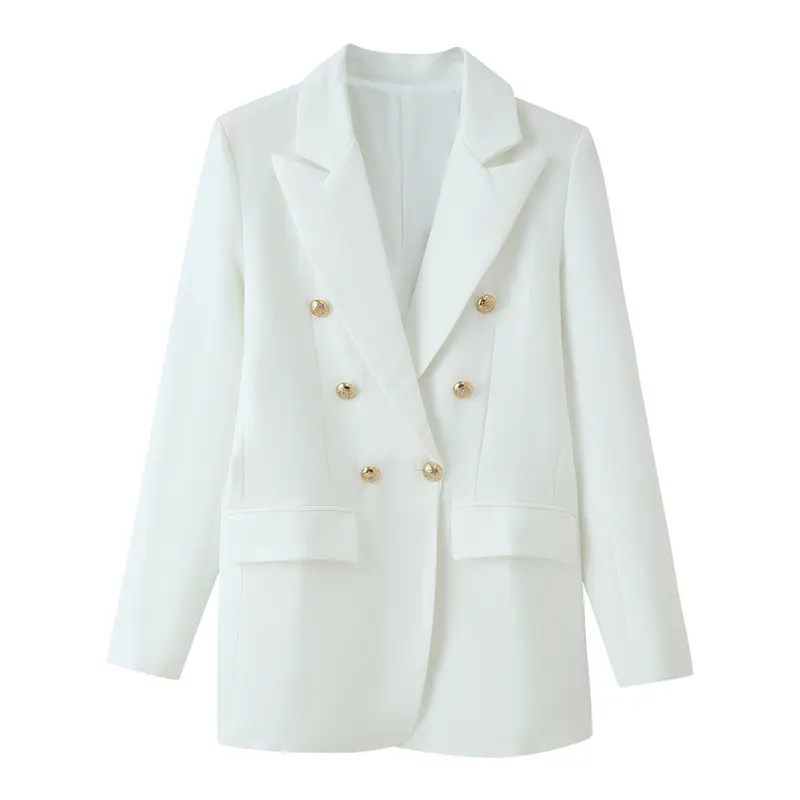 Damen Doppelreihiger Longline-Blazer mit Schalkragen und goldenen Zierknöpfen Drune