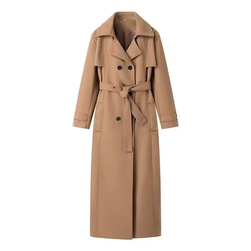 Damen Doppelreihiger Maxilanger Trenchcoat mit Bindegürtel und Cape-Überwurf Drune
