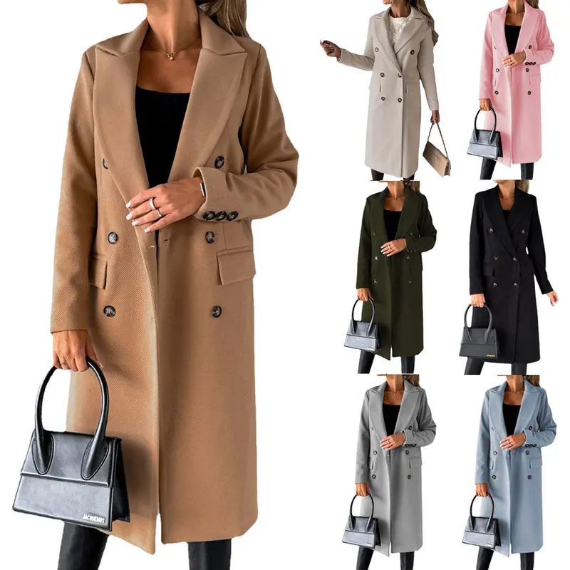 Damen Doppelreihiger Midilanger Wollmantel mit Reverskragen und taillierter Silhouette Drune