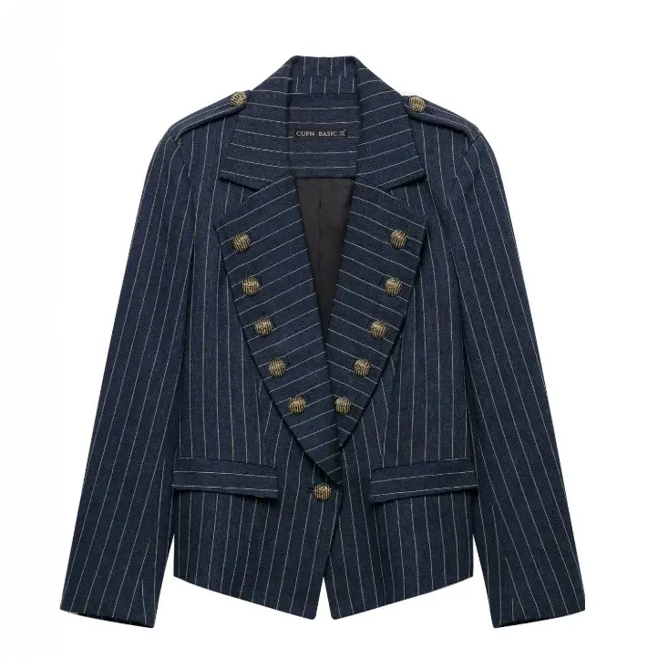 Damen Doppelreihiger Nadelstreifen‑Blazer im Military‑Look mit Zierknöpfen und Schulterklappen Drune