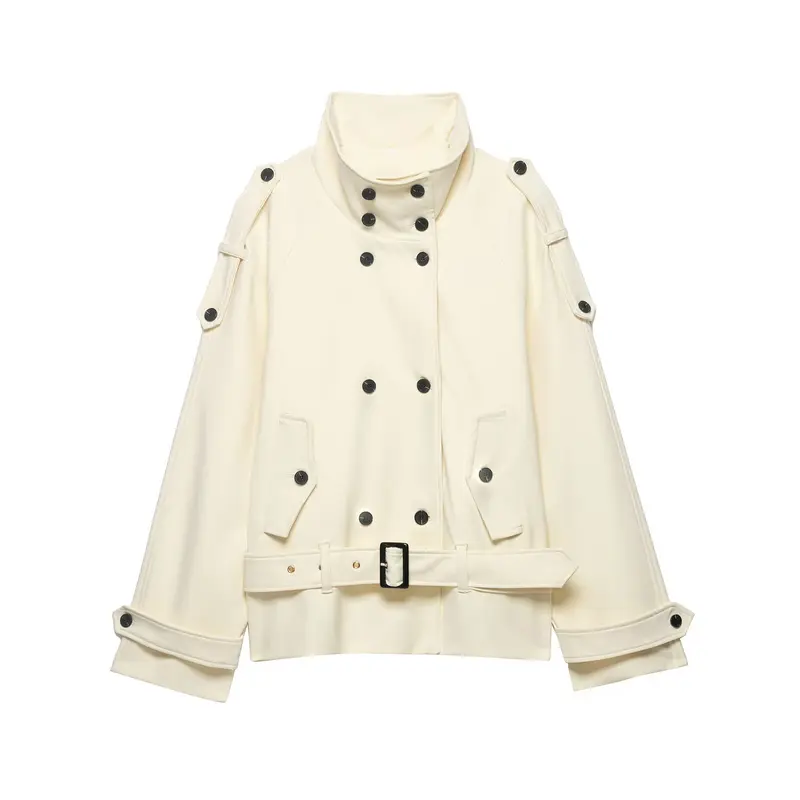 Damen Doppelreihiger Trench‑Cape mit Taillengürtel und Stehkragen Drune