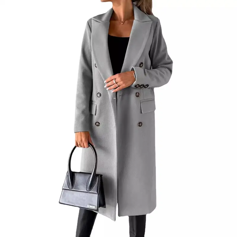 Damen Doppelreihiger Wollmantel im Longline‑Schnitt mit Reverskragen und Pattentaschen Drune