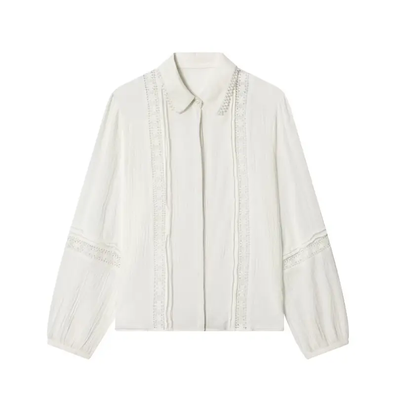 Damen Elegante Baumwollmisch‑Bluse mit Spitzenpasse, verdeckter Knopfleiste und weiten Ballonärmeln Drune