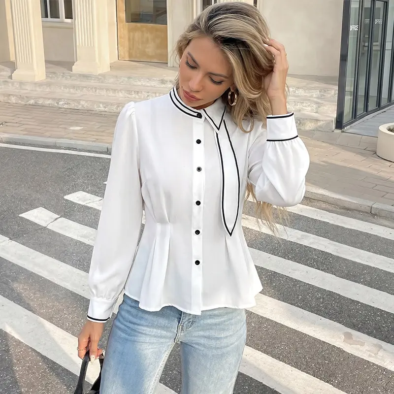Damen Elegante Bluse mit Kragen und Knopfdetails Drune