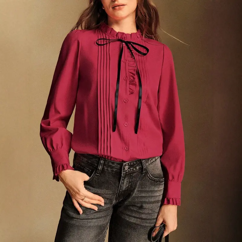 Damen Elegante Bluse mit Rüschen und Schleifen-Detail Drune
