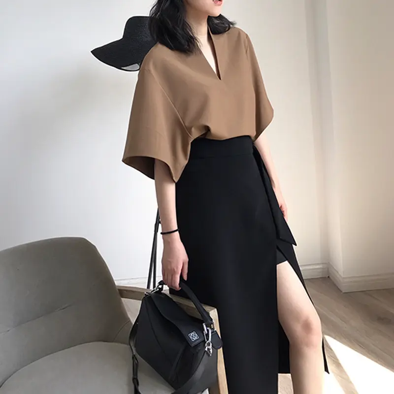 Damen Elegante Bluse mit V-Ausschnitt und weitem Schnitt Drune