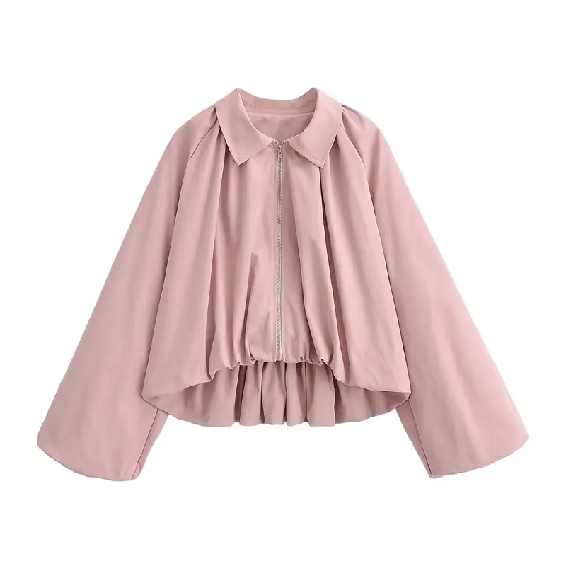 Damen Elegante Cropped-Jacke mit weiten Fledermausärmeln, Reißverschluss und gerafftem Saum Drune