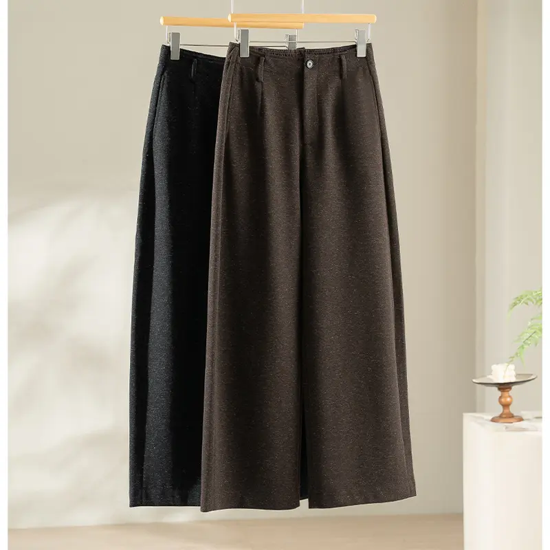 Damen Elegante hochtaillierte Wollblend-Palazzohose mit Bundfalten und geradem Bein Drune