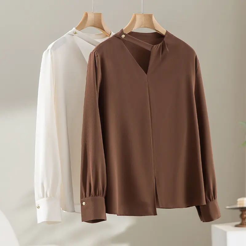 Damen elegante oversized Bluse mit asymmetrischem V-Ausschnitt und Manschetten Drune