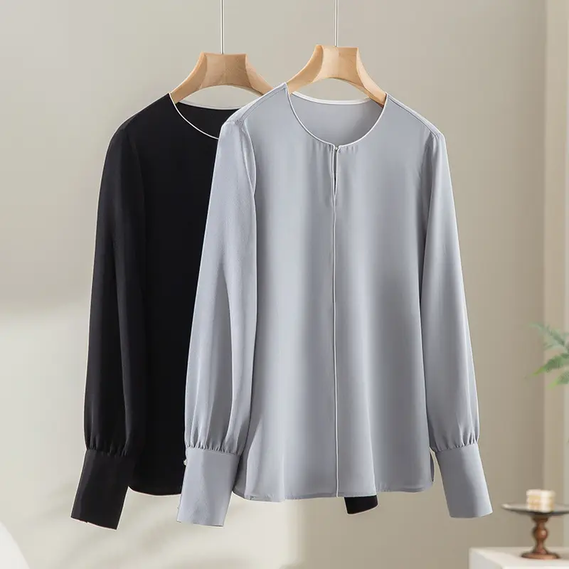Damen Elegante seidenähnliche Bluse mit Kontrastpaspel und verlängerten Manschetten Drune
