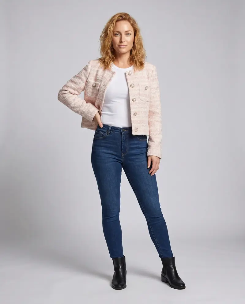 Damen elegante Tweedjacke mit Perlenknöpfen und modischem Design
