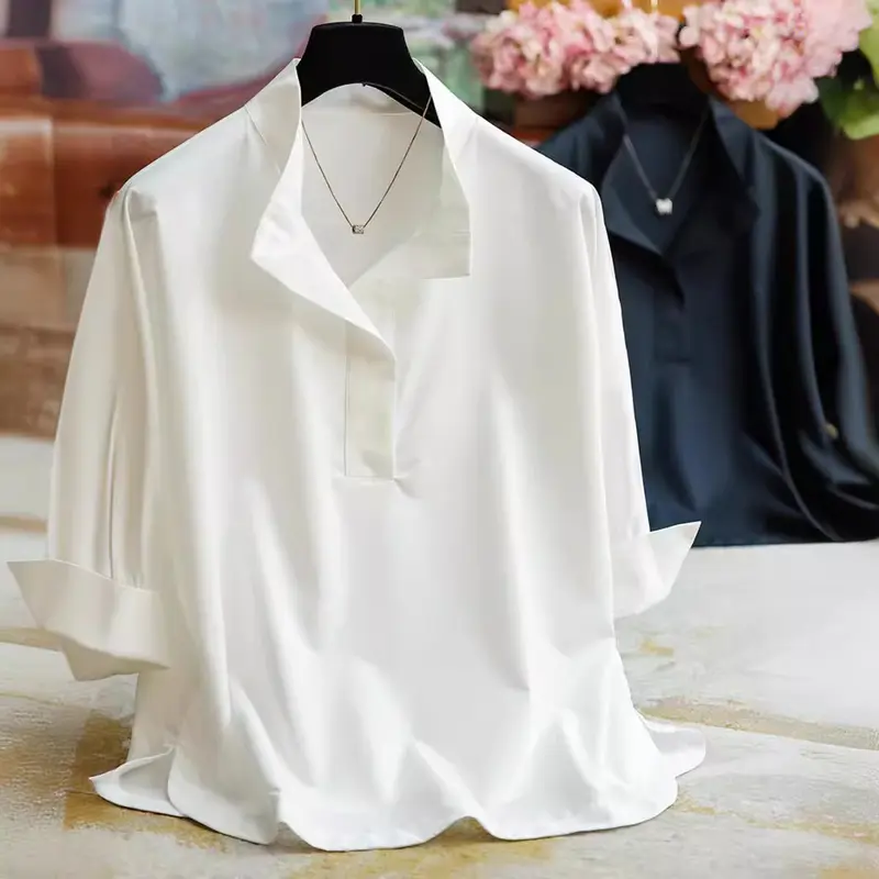 Damen Elegante und fließende Bluse mit Stehkragen Drune