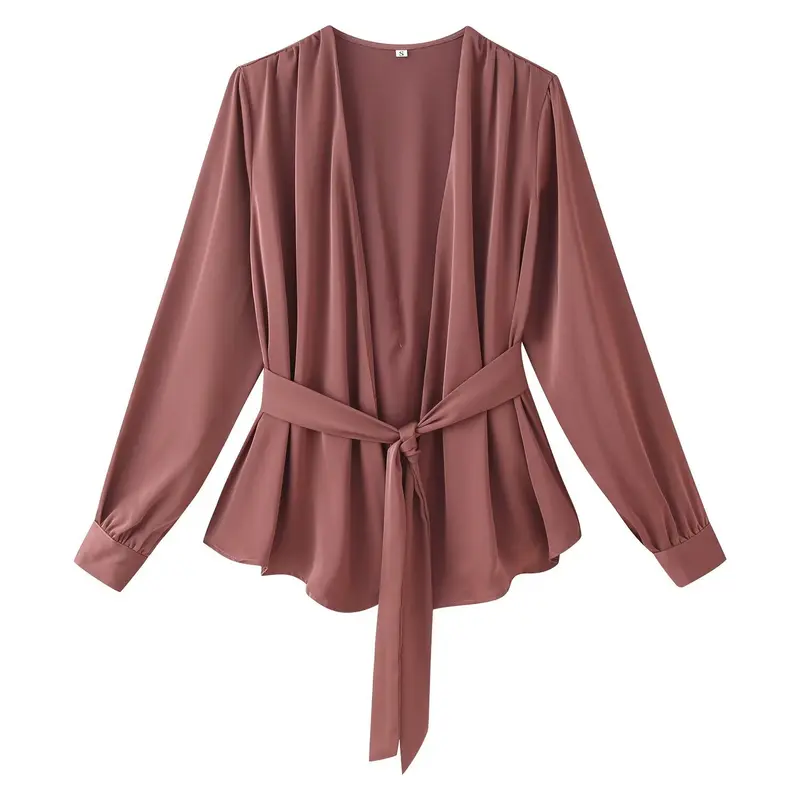 Damen elegante Wickelbluse mit Taillengürtel und tiefem V-Ausschnitt Drune