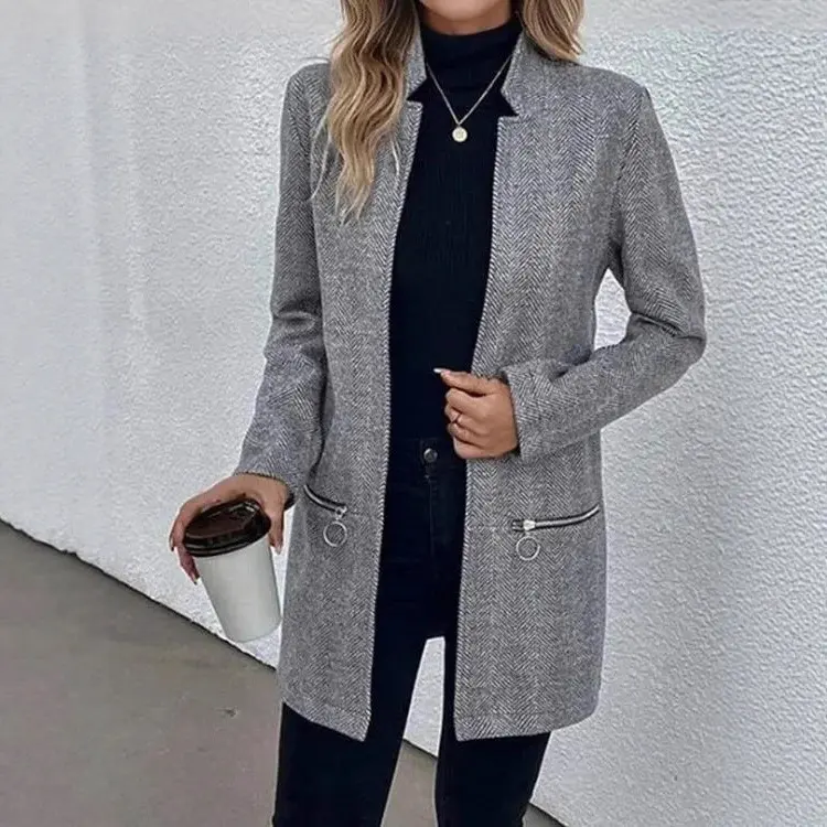 Damen Eleganter Blazer mit Reißverschlusstaschen Drune