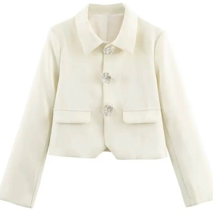 Damen Eleganter Cropped-Blazer mit floralen Strassknöpfen und Pattentaschen Drune