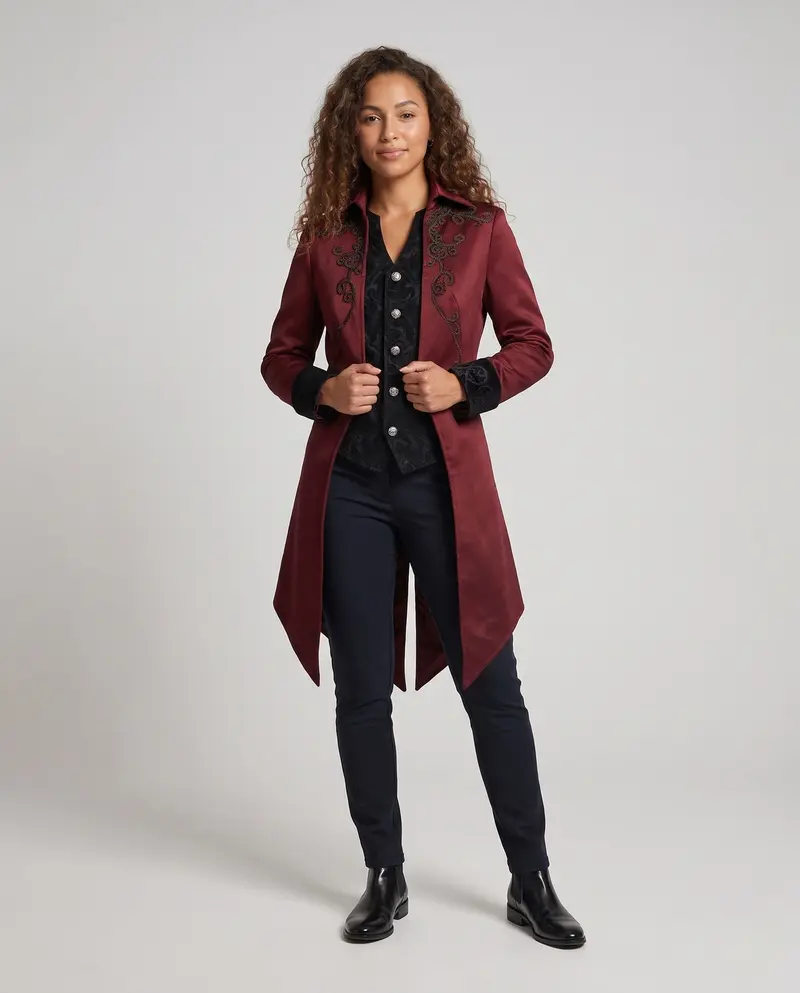 Damen eleganter Gothic-Mantel mit kunstvollen Verzierungen und asymmetrischem Saum Drune