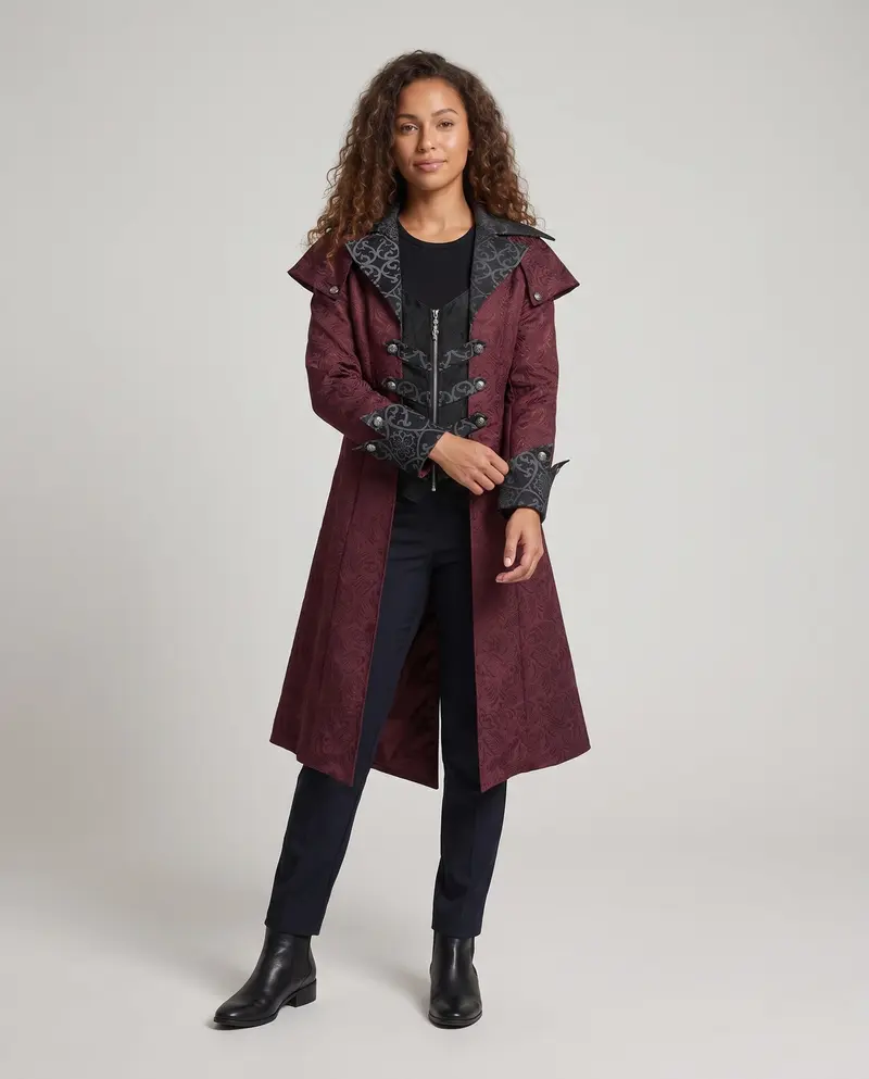 Damen Eleganter Gothik-Mantel mit floralem Muster und hohem Kragen Drune