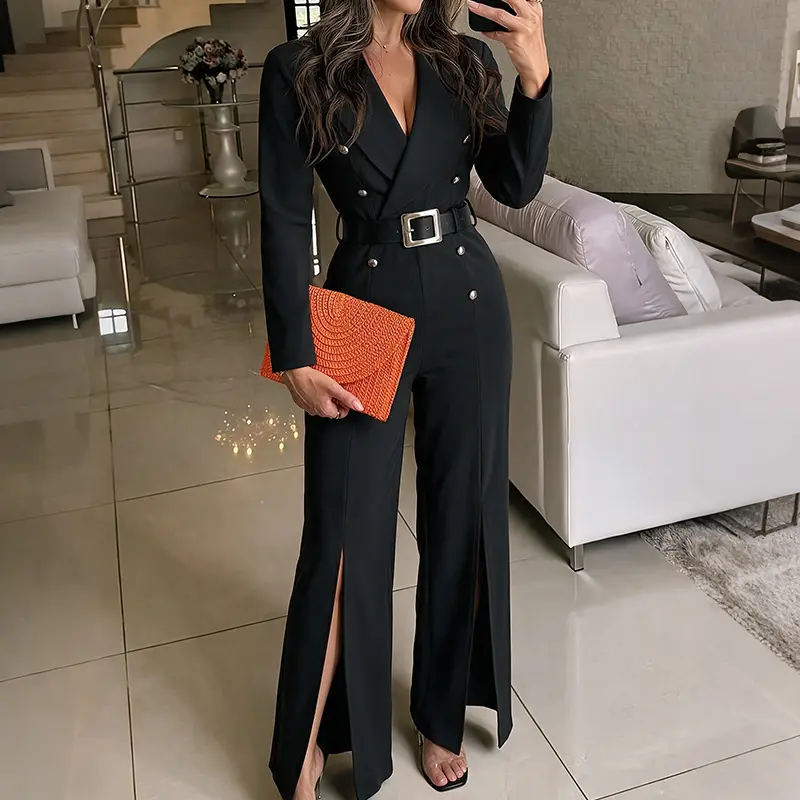 Damen Eleganter Jumpsuit mit tiefem V-Ausschnitt und schmalem Gürtel Drune