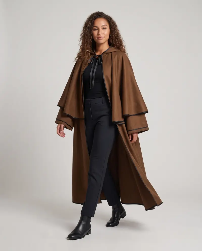 Damen eleganter Kapuzenumhang mit fließendem Schnitt und weiten Ärmeln Drune