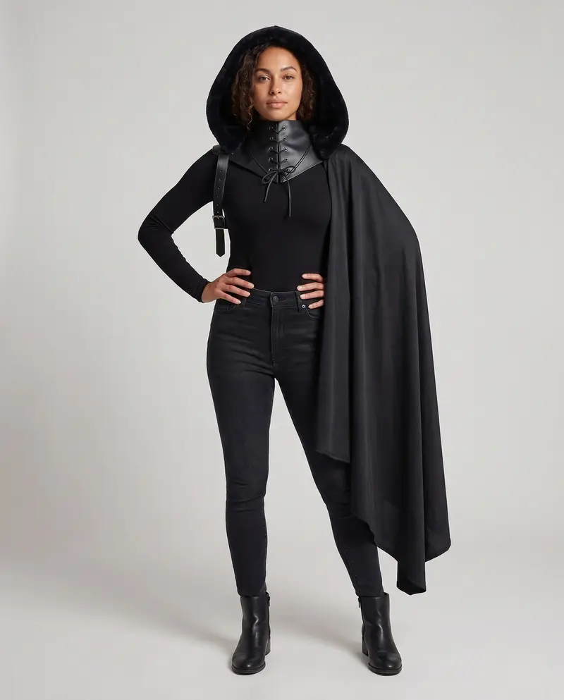 Damen eleganter Kapuzenumhang mit kunstvollen Schnallen Drune