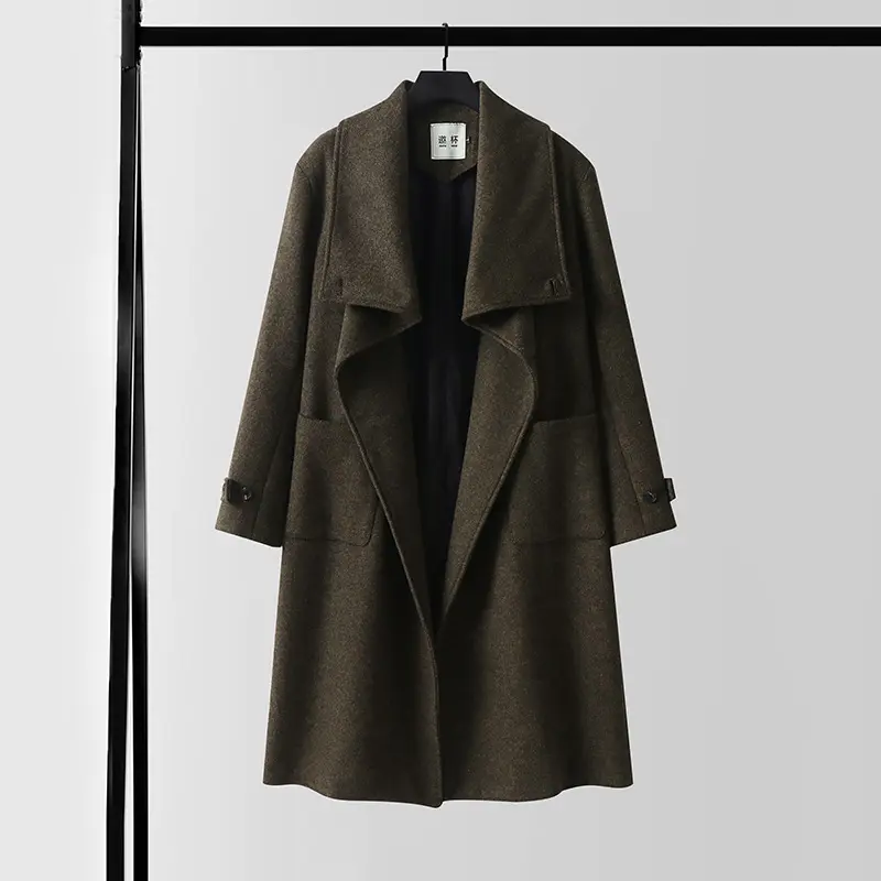 Damen Eleganter langer Wollmix-Cocoon-Mantel mit überlappendem Schalkragen und aufgesetzten Taschen Drune