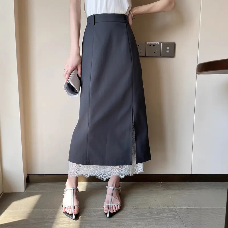 Damen Eleganter Maxirock mit hohem Schlitz und Spitzenabschluss Drune