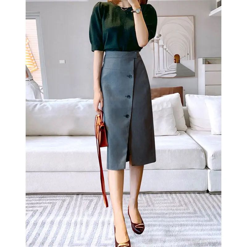Damen Eleganter Midirock mit Knopfdetail und Taillengürtel Drune