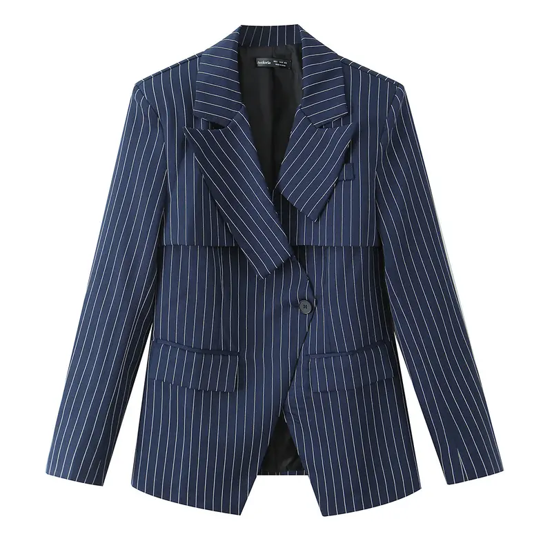 Damen Eleganter Nadelstreifen-Blazer mit asymmetrischem Revers und Pattentaschen Drune