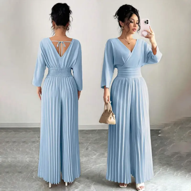 Damen Eleganter Plissee-Jumpsuit mit V-Ausschnitt Drune
