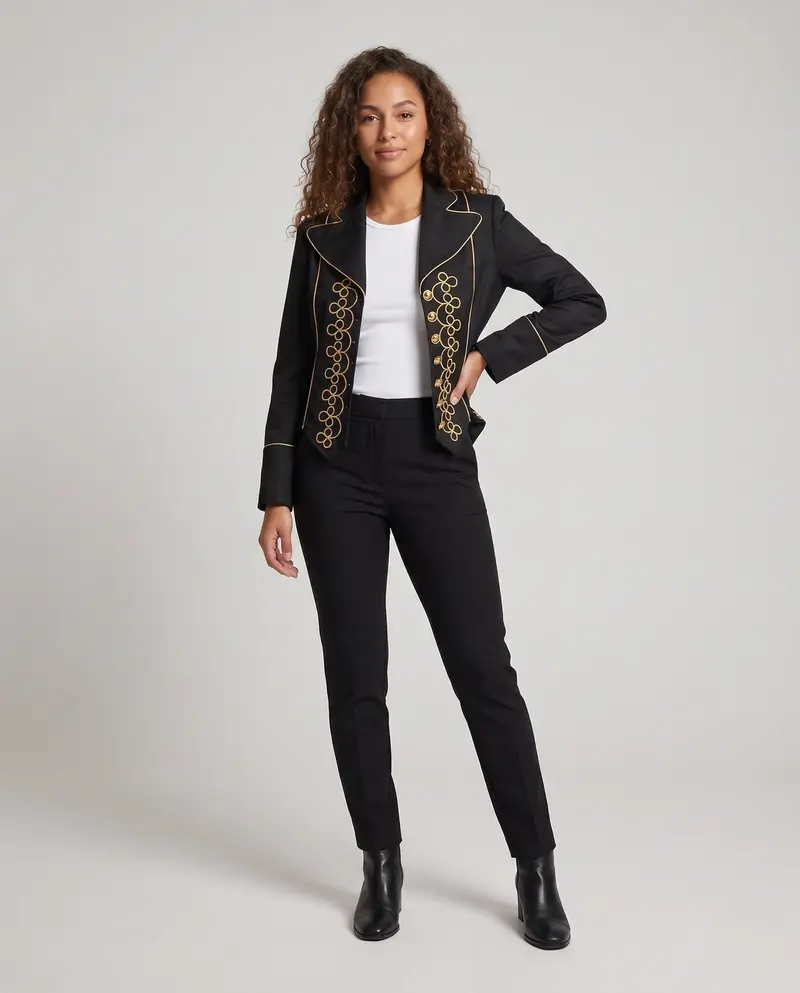 Damen Eleganter Satinblazer mit kunstvollen goldenen Verzierungen Drune