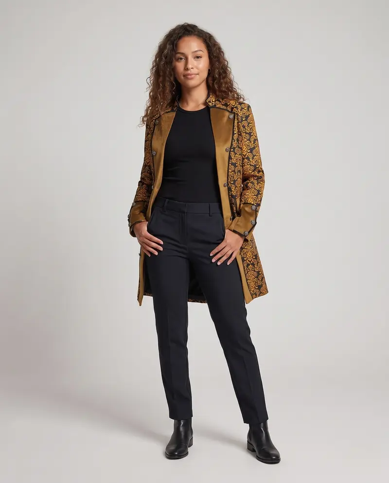 Damen Eleganter Stehkragen-Mantel mit kunstvollem Muster und verziertem Saum Drune