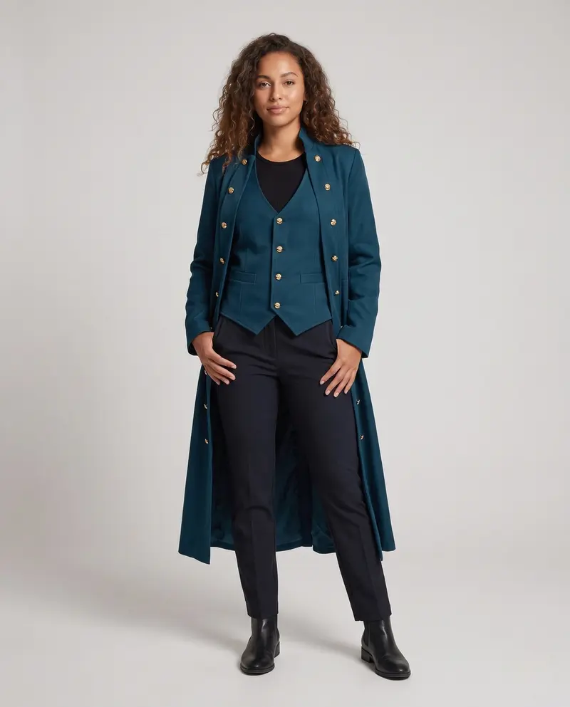 Damen Eleganter Stehkragen-Mantel mit kunstvollen Knöpfen und Schnürdetails Drune
