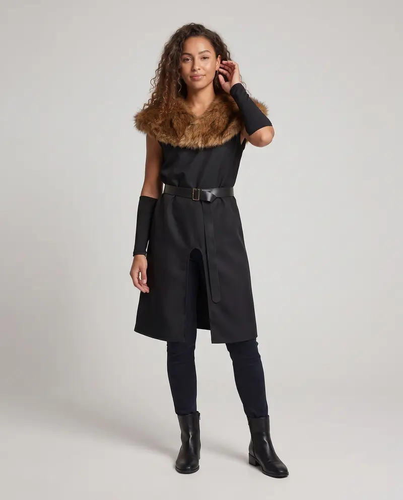 Damen Eleganter Umhang mit luxuriösem Fellkragen und Gürtel Drune