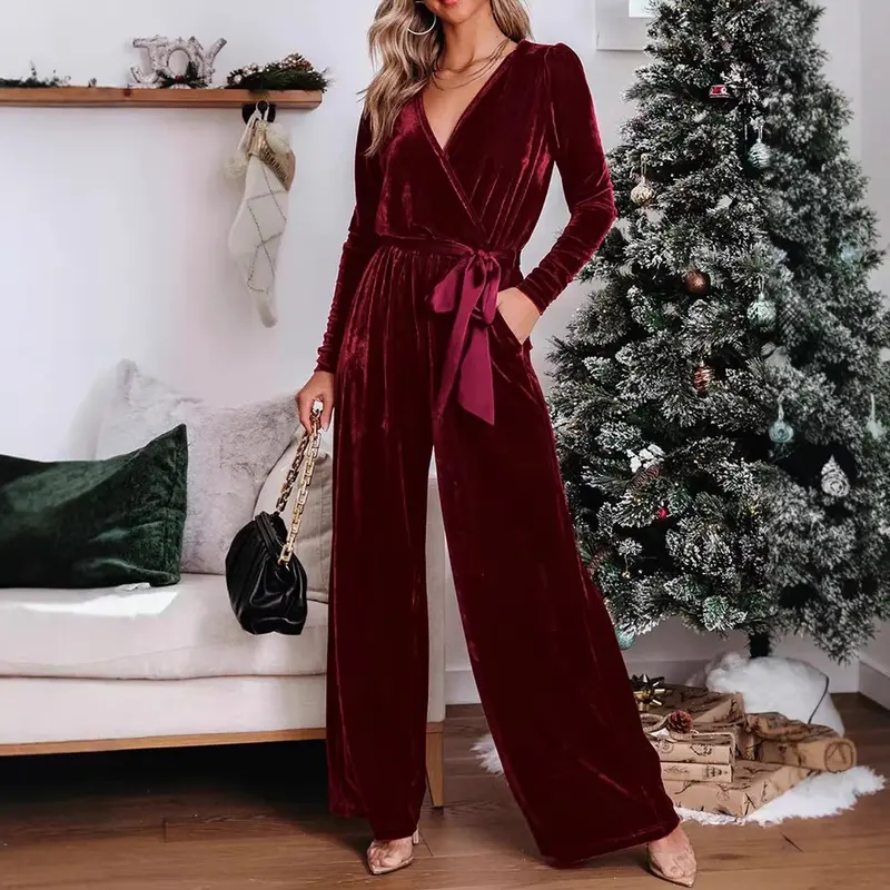 Damen Eleganter Velours Jumpsuit mit tiefem V-Ausschnitt Drune