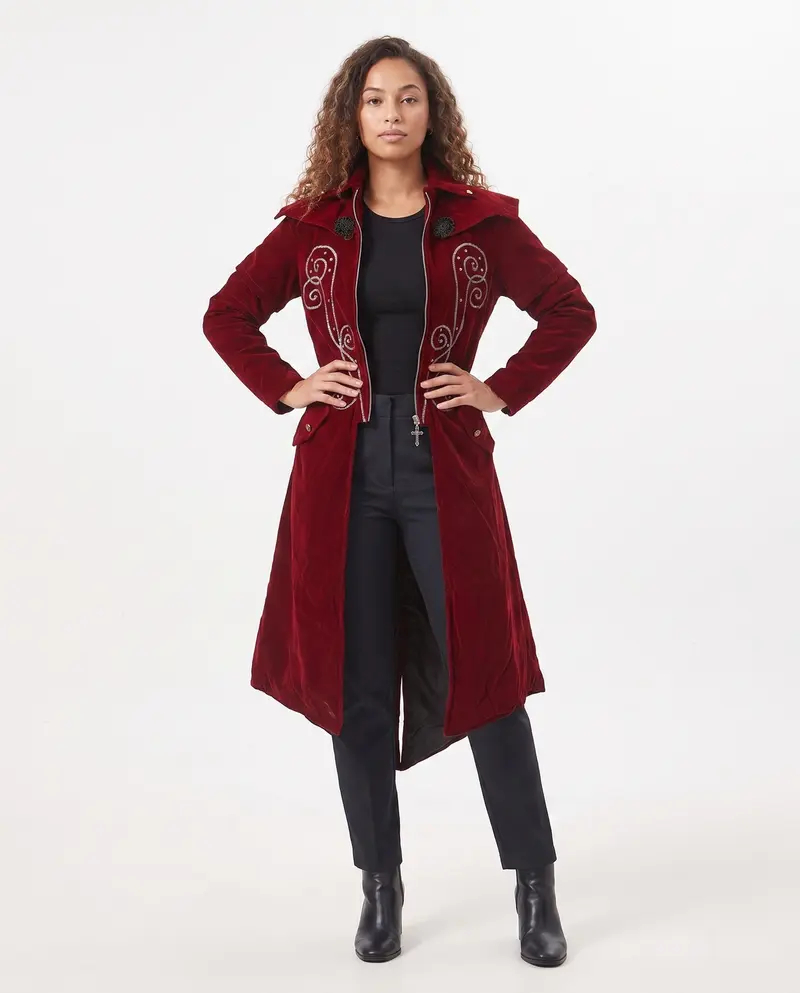 Damen Eleganter Velours-Mantel mit kunstvollen Verzierungen Drune