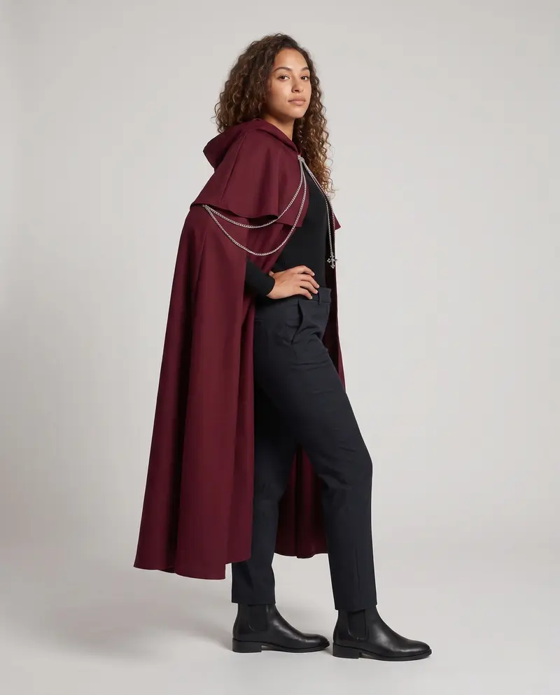 Damen eleganter Zauberumhang mit Kapuze und dekorativen Kettenakzenten Drune
