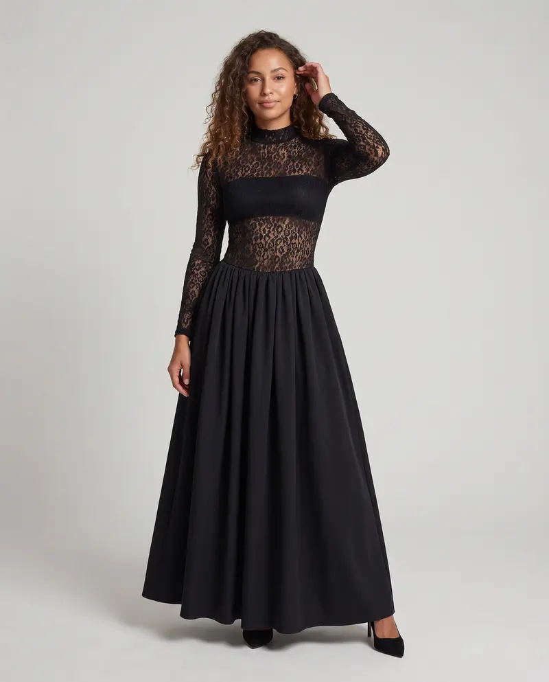 Damen Elegantes Abendkleid mit transparenten Ärmeln und weichem Rock Drune