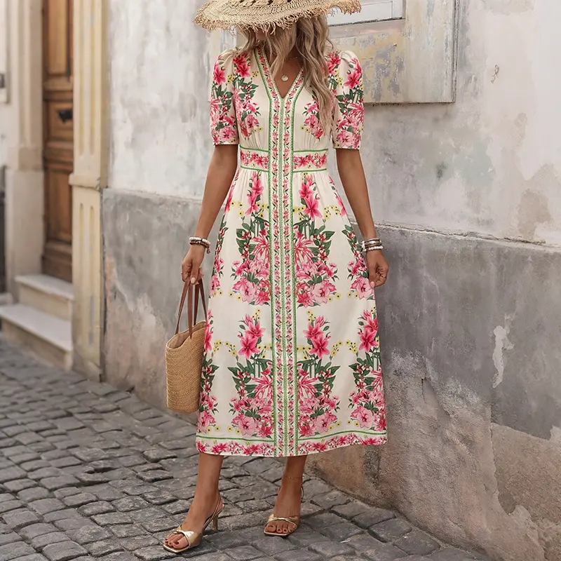 Damen Elegantes Blumenkleid mit kurzen Ärmeln Drune