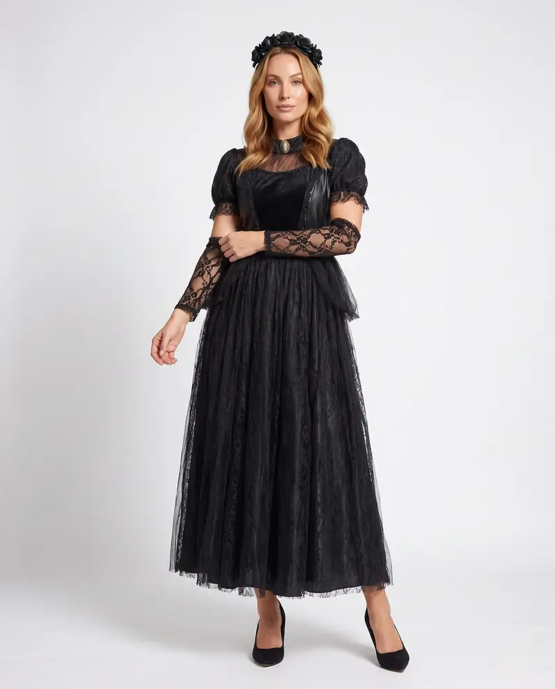 Damen Elegantes Gothic-Kleid mit Spitzen- und Tüllakzenten Drune
