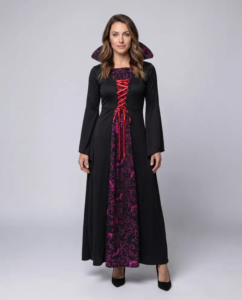 Damen Elegantes Hexen Kleid mit Kapuze und verzierenden Rüschen Drune