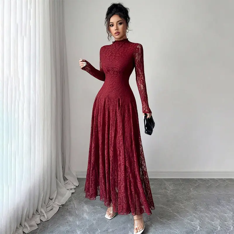Damen Elegantes Hochzeitskleid mit Spitzenärmeln Drune