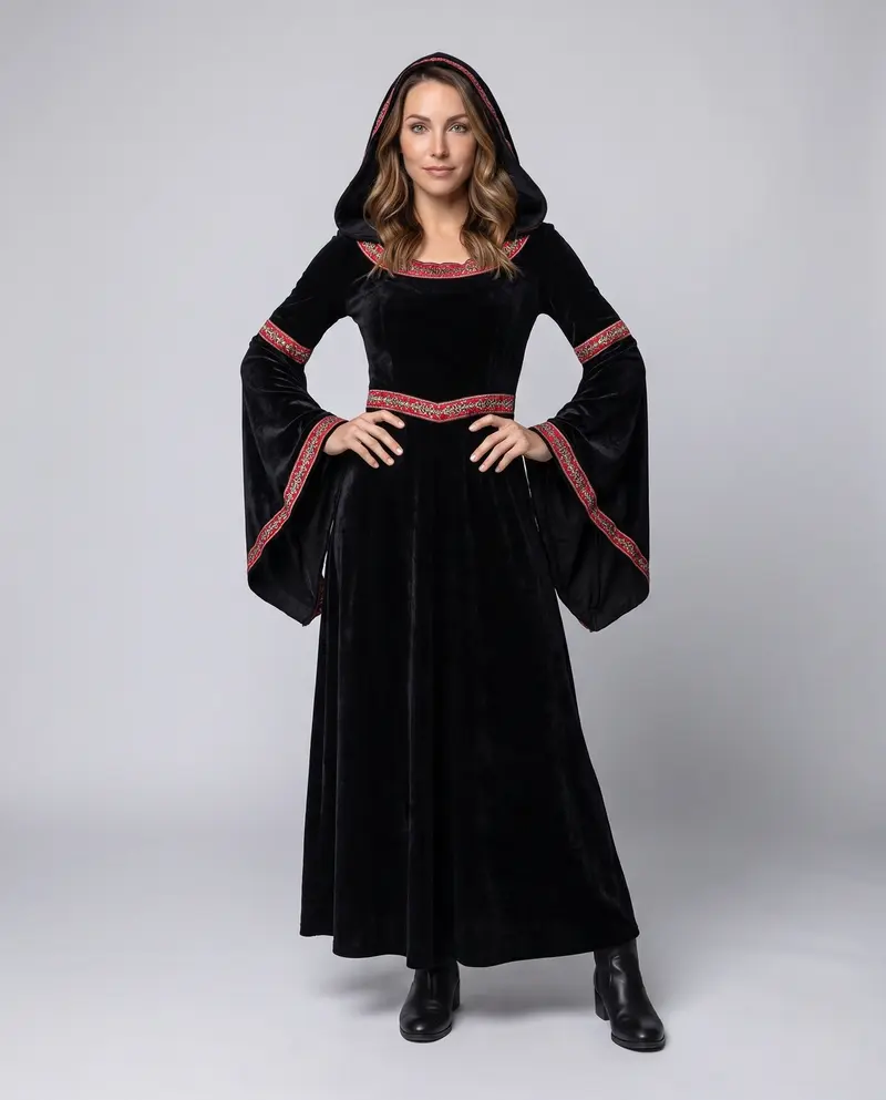 Damen Elegantes Kapuzenkleid mit weiten Ärmeln und aufwendigen Verzierungen Drune